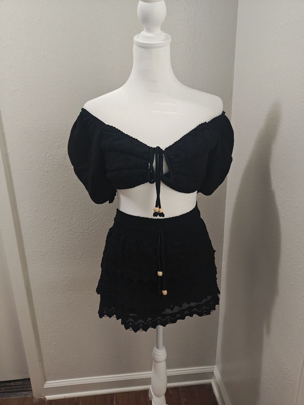 Black Two-Piece Crochet Crop Top & Skort Set